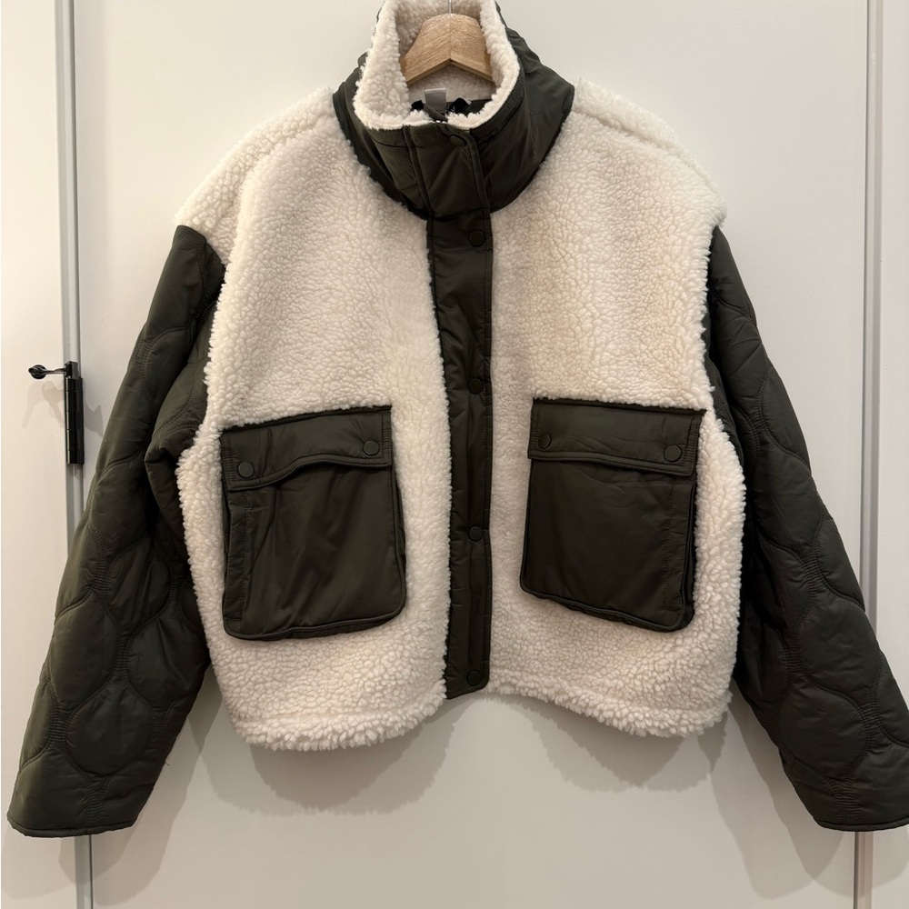 Athleta Fleece Hybrid Jacket Olive Green and Cream Size XL Tall